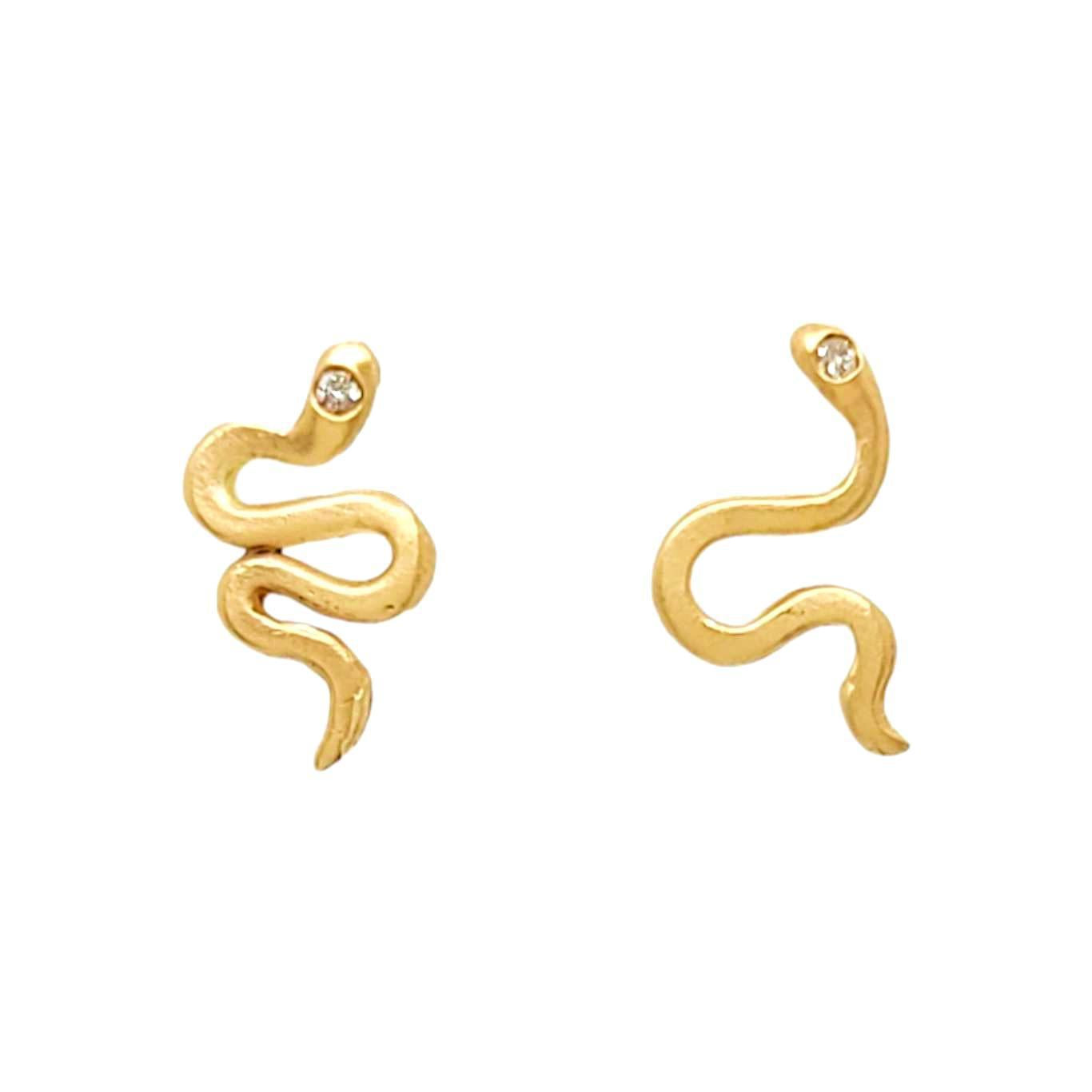 Earrings - Diamond-Eyed Asymmetric Snake Studs in 14k Yellow Gold by Michelle Chang