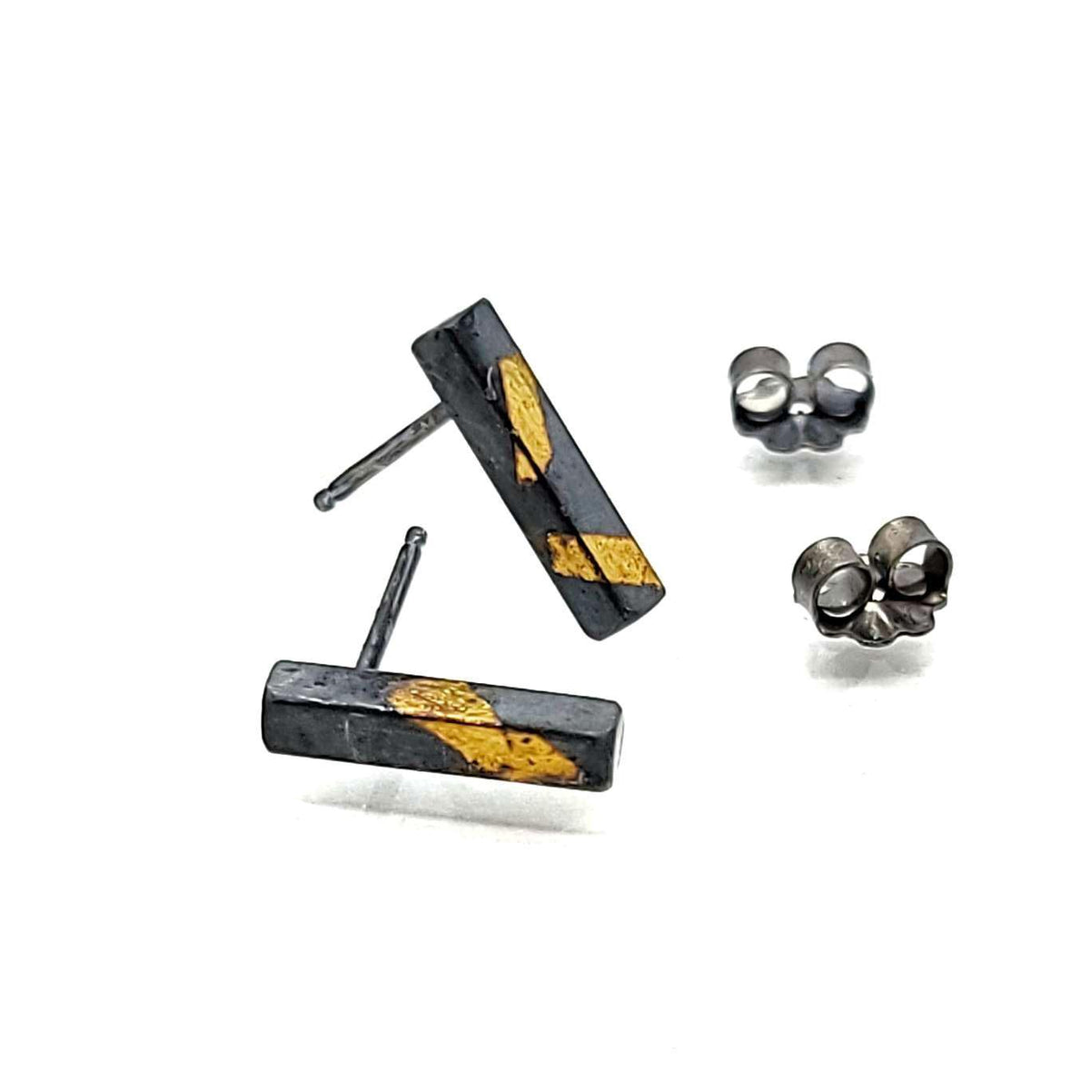 Earrings - Golden Bar Studs in 24k Gold and Oxidized Sterling Silver by Storica Studio