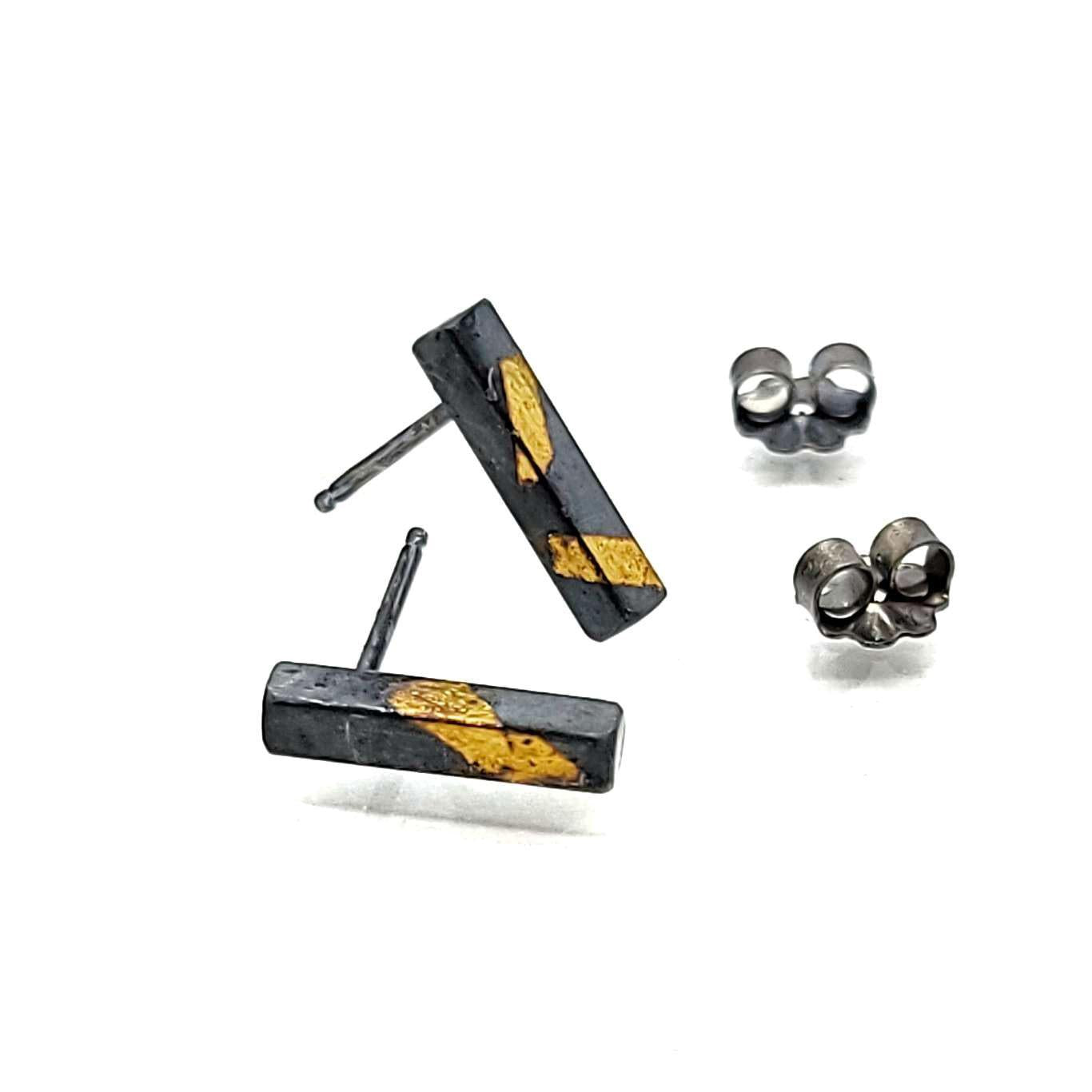 Earrings - Golden Bar Studs in 24k Gold and Oxidized Sterling Silver by Storica Studio
