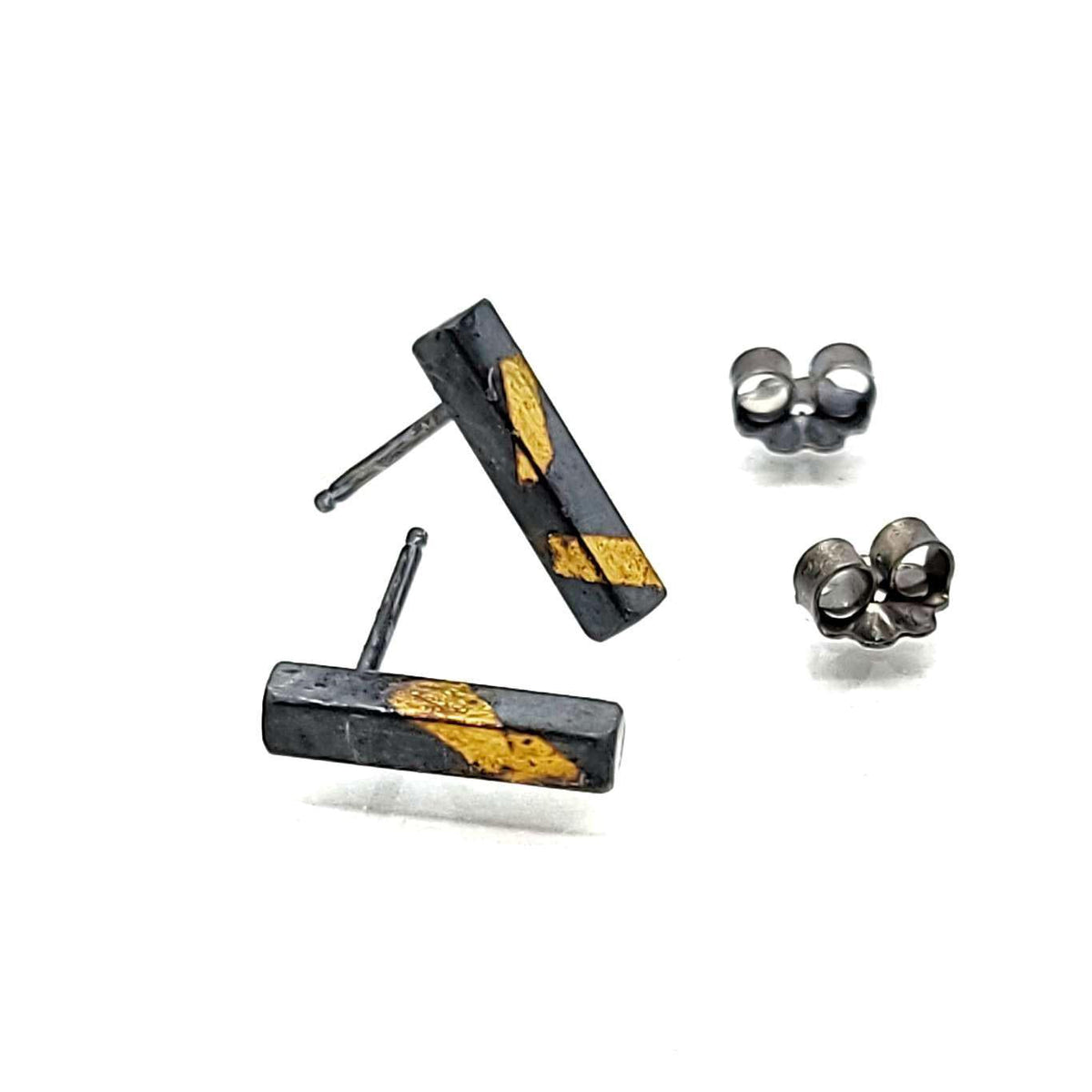 Earrings - Golden Bar Studs in 24k Gold and Oxidized Sterling Silver by Storica Studio