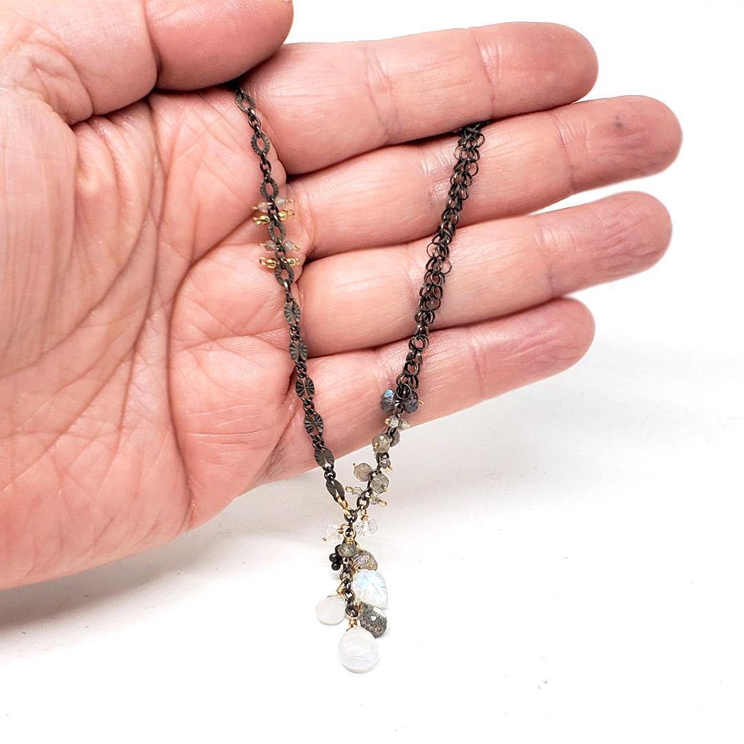 Necklace - Short Asymmetric Moonstone and Labradorite Cluster by Calliope Jewelry
