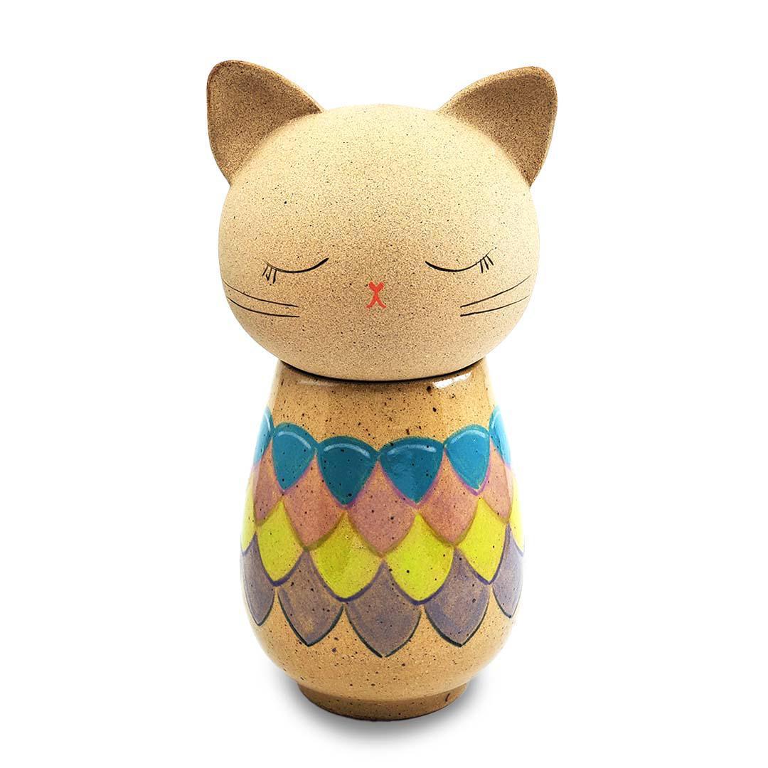 Kokeshi Jar - Small - Peaceful Kitty Cat (Colorful Scales) by Jennifer Fujimoto