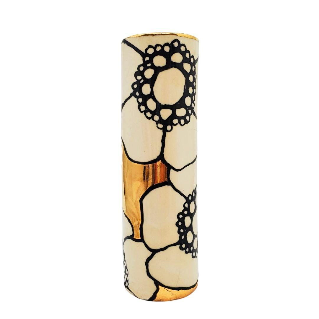 Vase - 6in Floral Cylinder with 22k Gold Solid Background (A) by Hsieh Clay SF