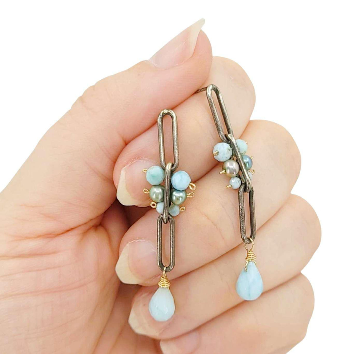 Earrings - Long Chain Post Dangles (Larimar, Pearl) by Calliope Jewelry