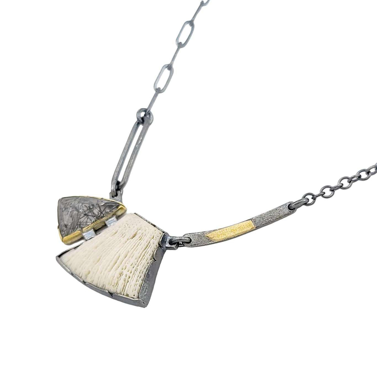 Necklace - Triangle Tourmalinated Quartz with Connected Coral Pendant by Janine DeCresenzo