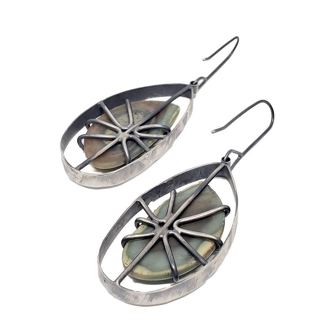 Earrings - Wayfinder Green Pink Imperial Jasper in Oxidized Sterling by Three Flames Silverworks