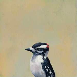 Wall Art - Downy Woodpecker on 8in x 8in Wood Panel by The Mincing Mockingbird