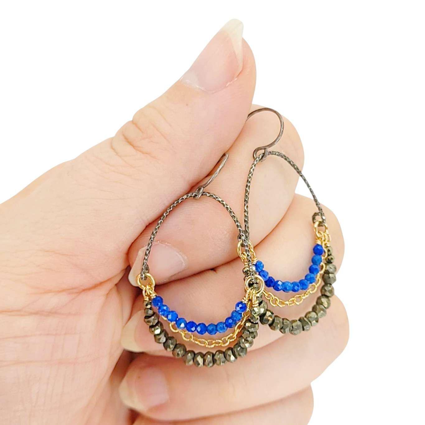 Earrings - Arch Chain Swag Dangles (Lapis Lazuli, Pyrite) by Calliope Jewelry