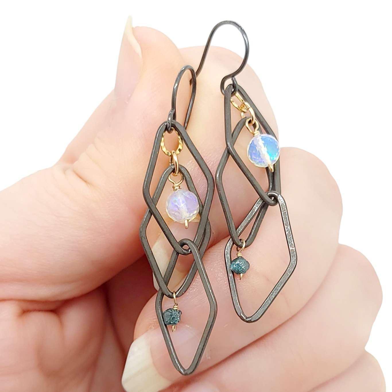 Earrings - Triple Floating Diamond Frames with Opal and Blue Diamond by Calliope Jewelry