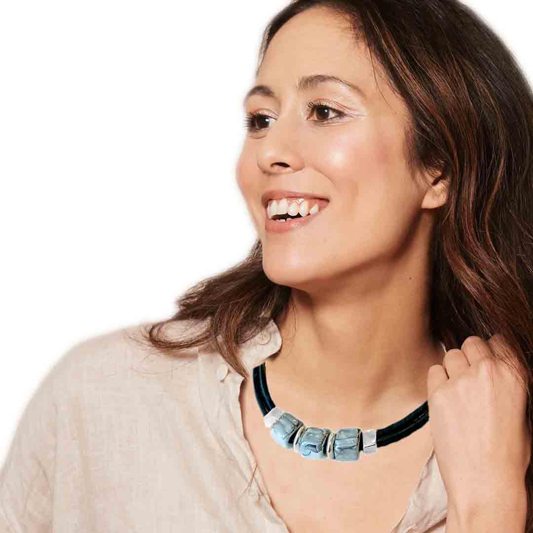 Necklace - Black Sea (Black Leather, Silver, Ceramic) by Diana Kauffman Designs
