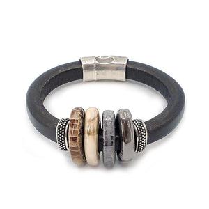 Bracelet - Sparrow in Black Leather with Silver and Ceramic by Diana Kauffman Designs