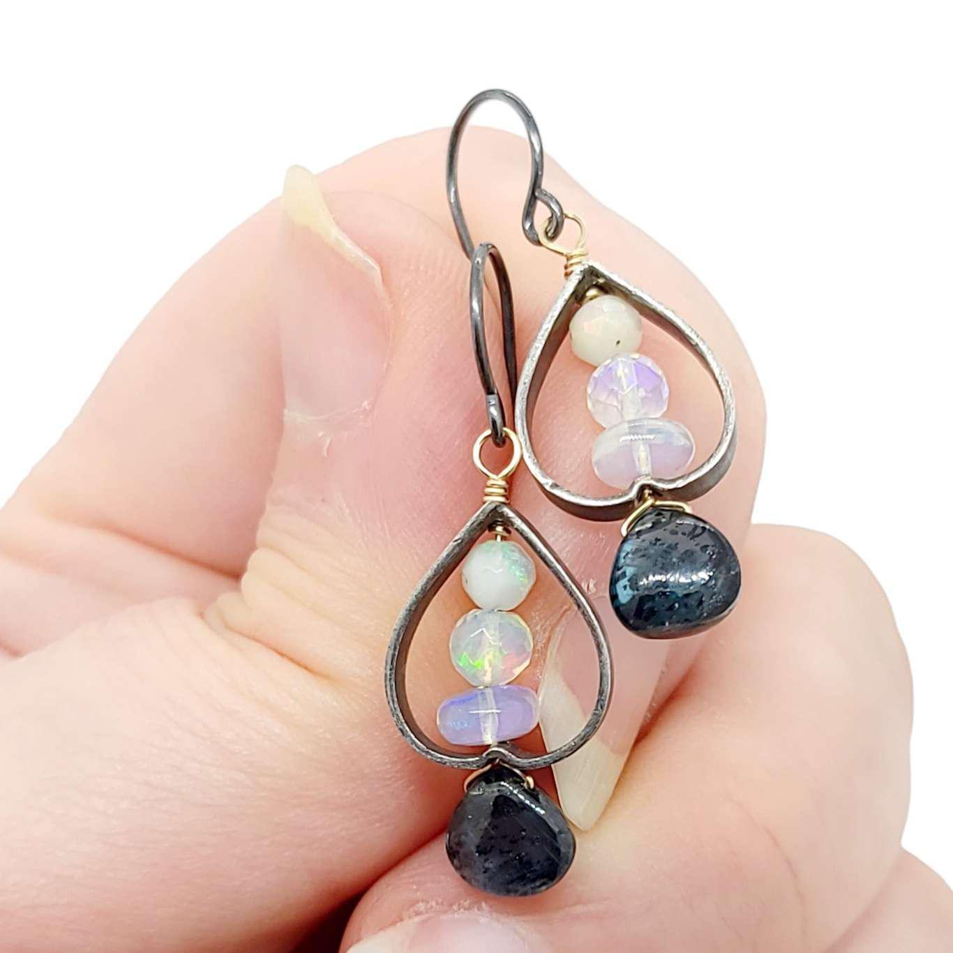 Earrings - Inverted Heart Frame with Opal and Moss Kyanite by Calliope Jewelry