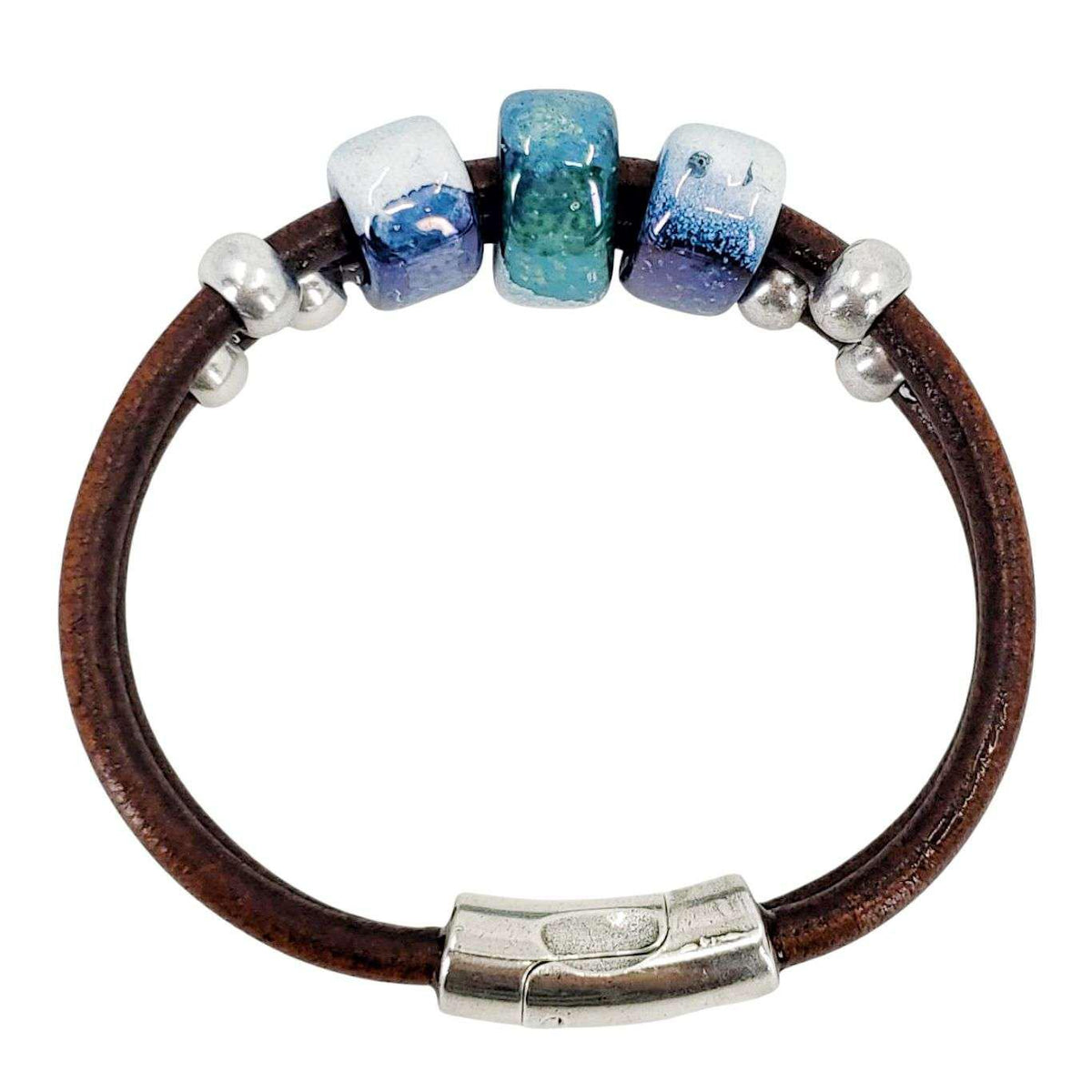 Bracelet - Hummingbird (Blue Ceramic, Tobacco Leather, Silver) by Diana Kauffman