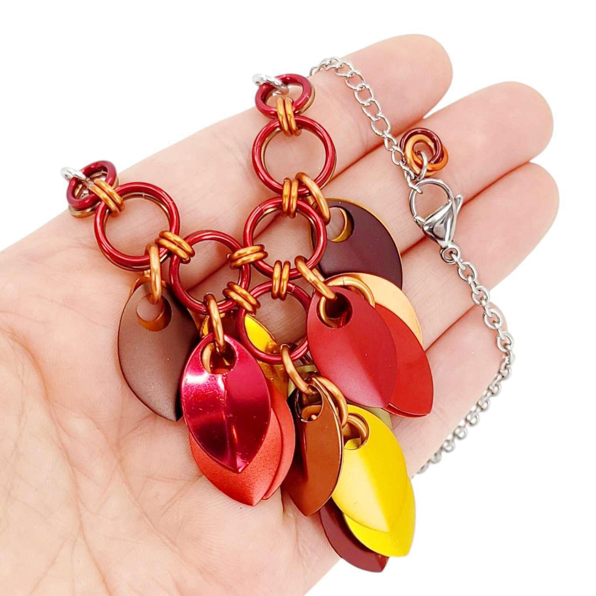 Necklace - Reversible V Feather Cascade (Autumn Leaves) by Rebeca Mojica