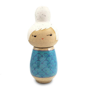 Kokeshi Small - White Hair Turquoise Scallops by Jennifer Fujimoto