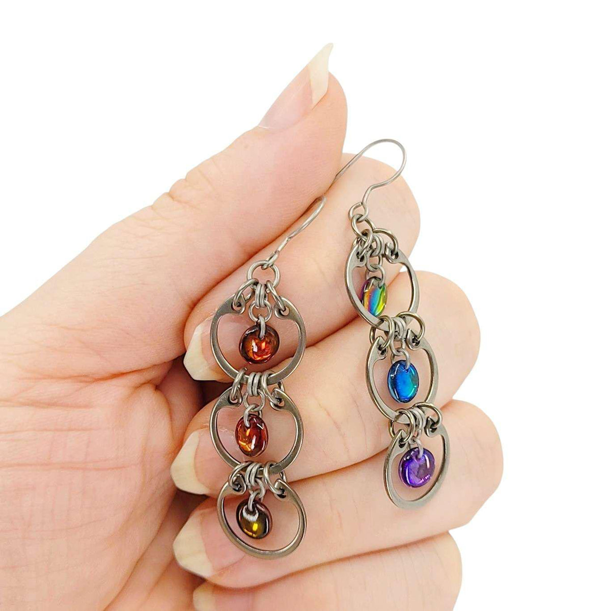 Earrings - Tripled Baseline Rainbow (Stainless Steel and Titanium) by Wraptillion
