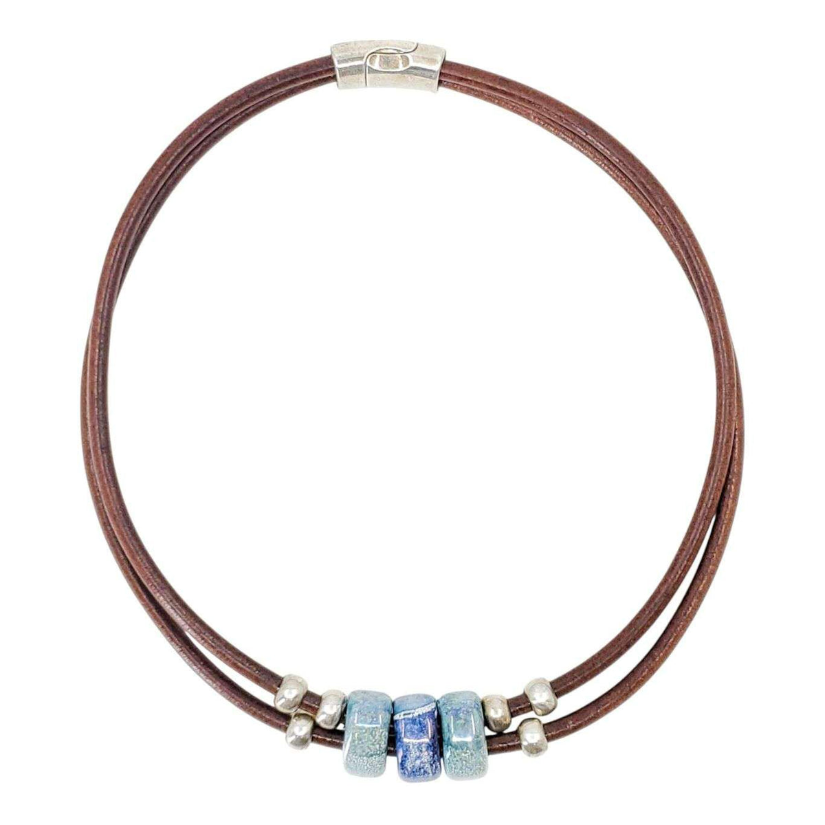 Necklace - Hummingbird (Blue Green Ceramic, Tobacco Leather, Silver) by Diana Kauffman