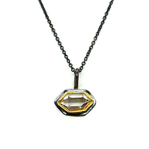 Necklace - Glacier Single Horizontal Herkimer in 22k Yellow Gold and Oxidized Sterling Silver by Stórica Studio