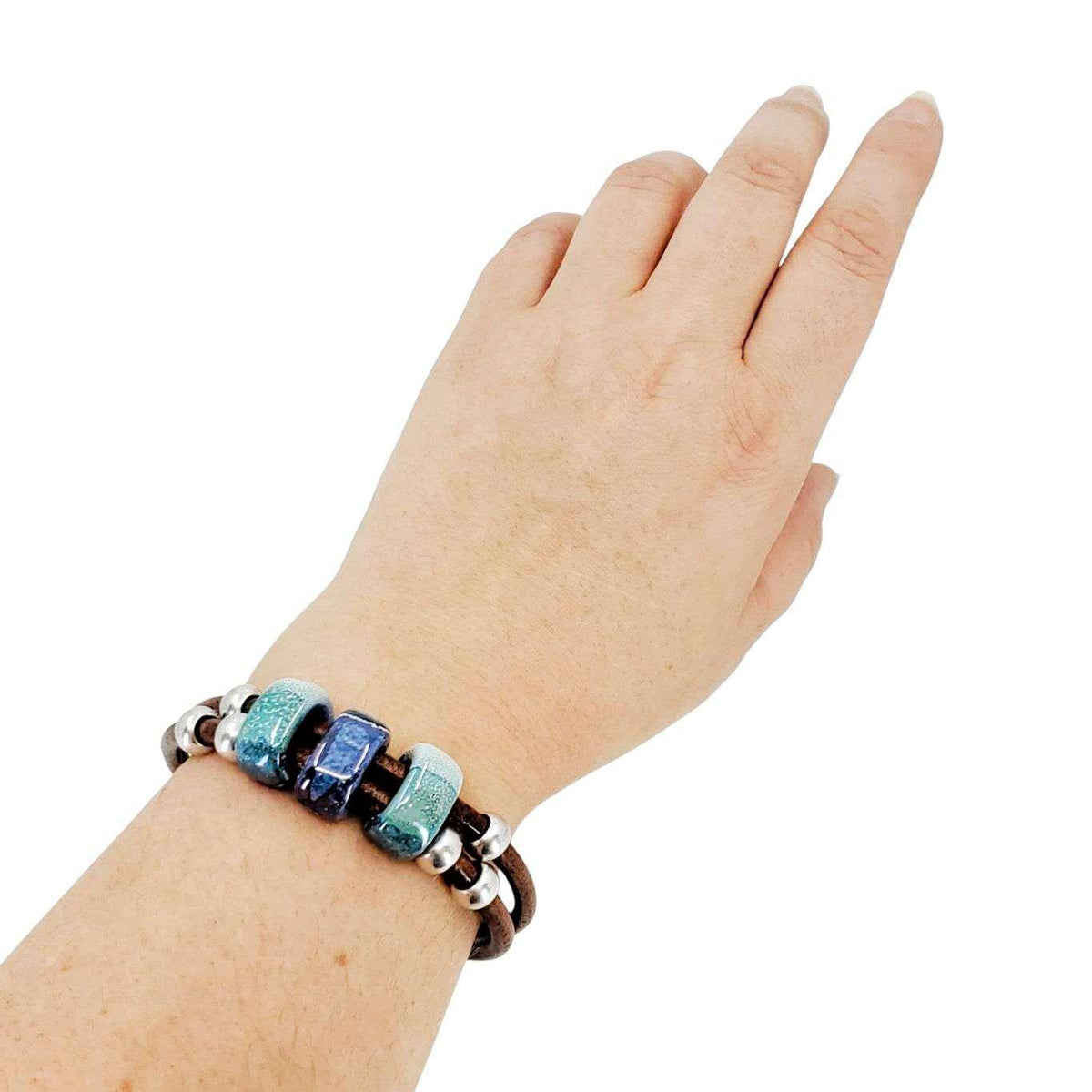 Bracelet - Hummingbird (Blue Ceramic, Tobacco Leather, Silver) by Diana Kauffman