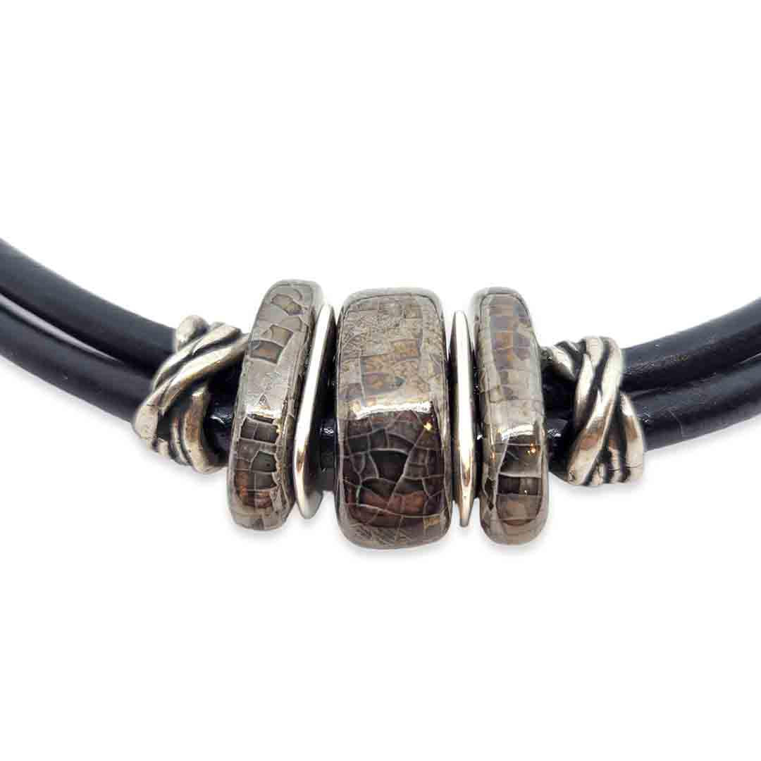 Necklace - Storm in Black Leather with Gray Black Ceramic by Diana Kauffman Designs