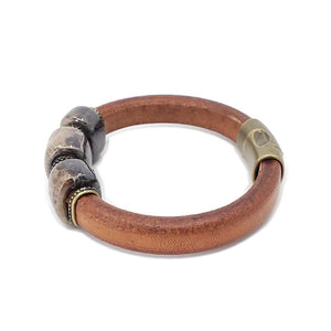 Bracelet - River Rock in Tobacco Leather with Brass and Ceramic by Diana Kauffman Designs