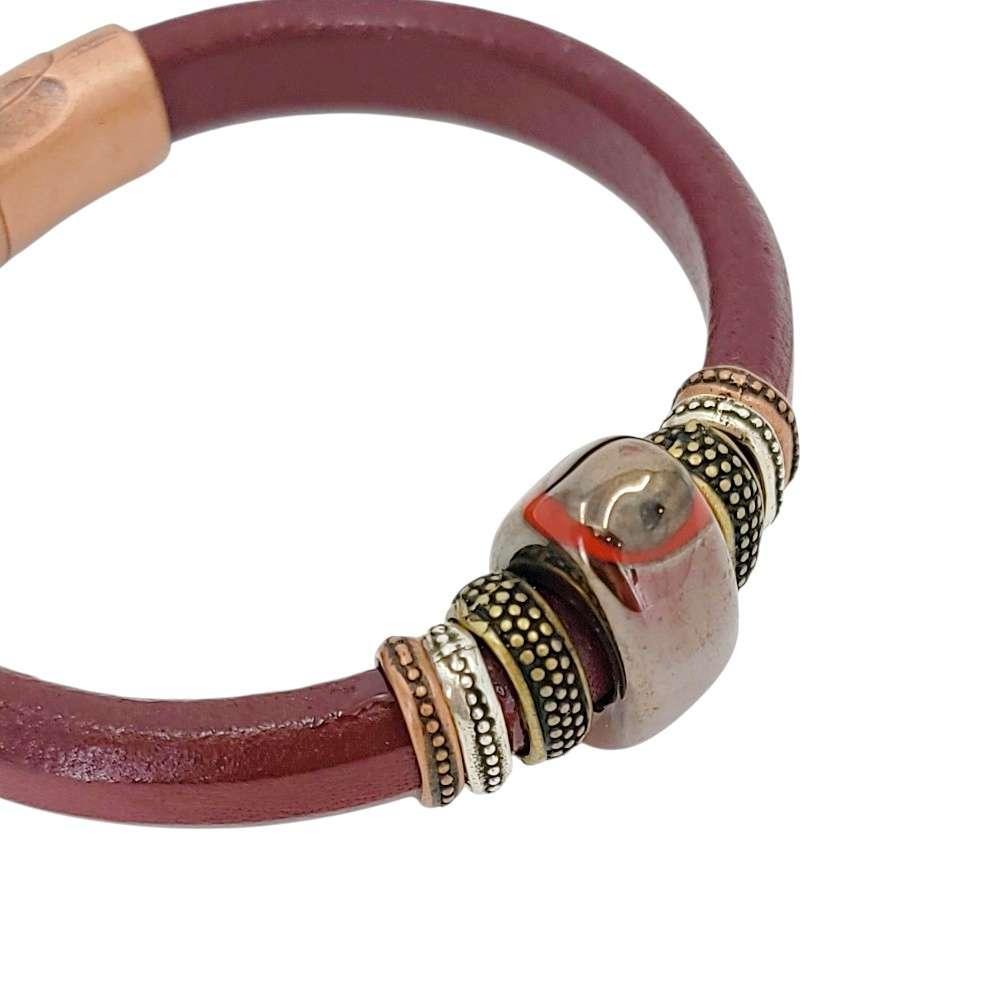 Bracelet - Thorn  (Wine Leather, Brass, Copper, Ceramic) by Diana Kauffman Design
