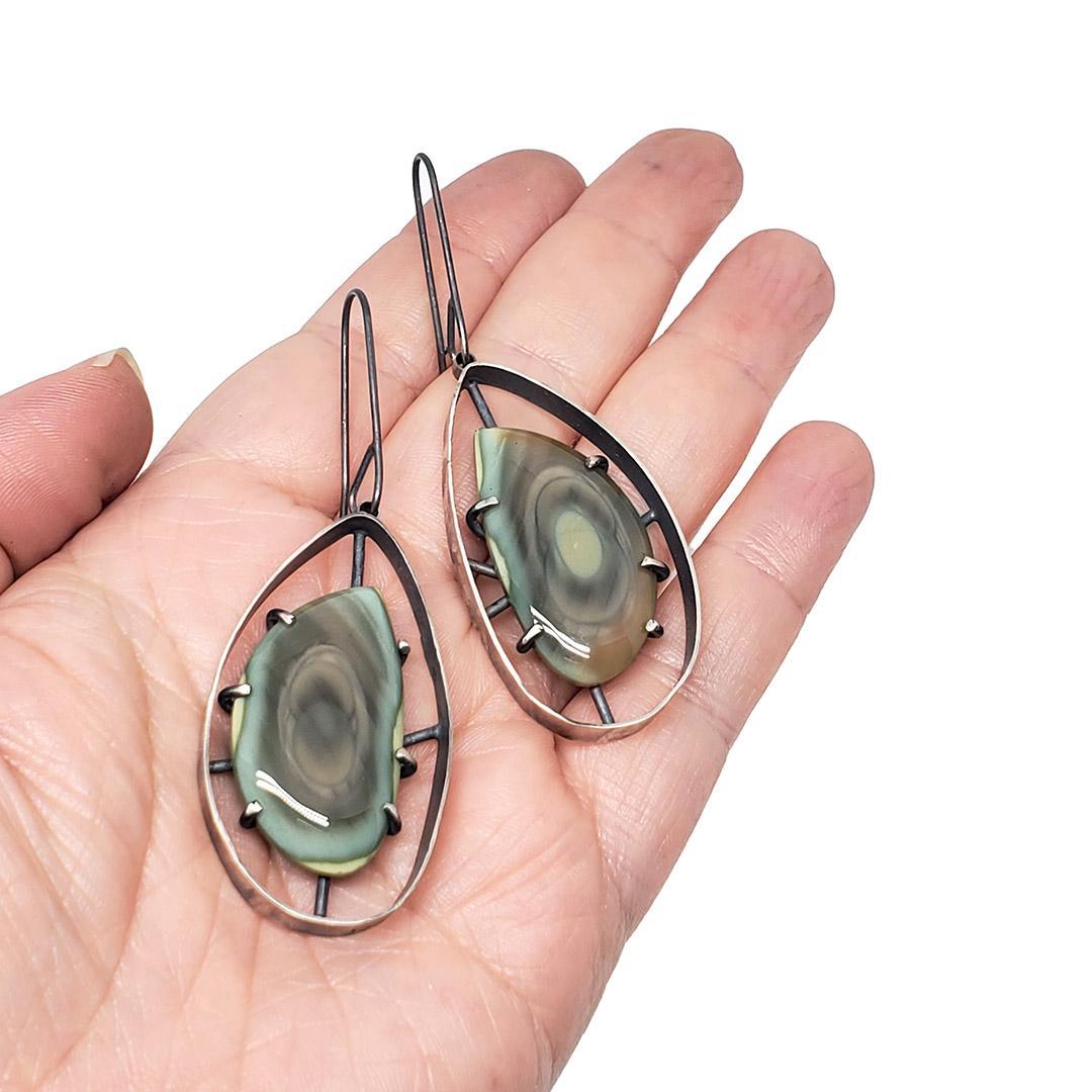 Earrings - Wayfinder Green Pink Imperial Jasper in Oxidized Sterling by Three Flames Silverworks
