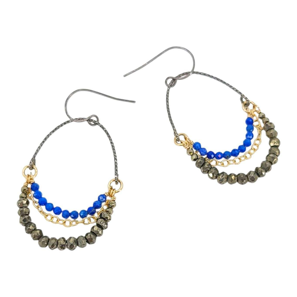 Earrings - Arch Chain Swag Dangles (Lapis Lazuli, Pyrite) by Calliope Jewelry