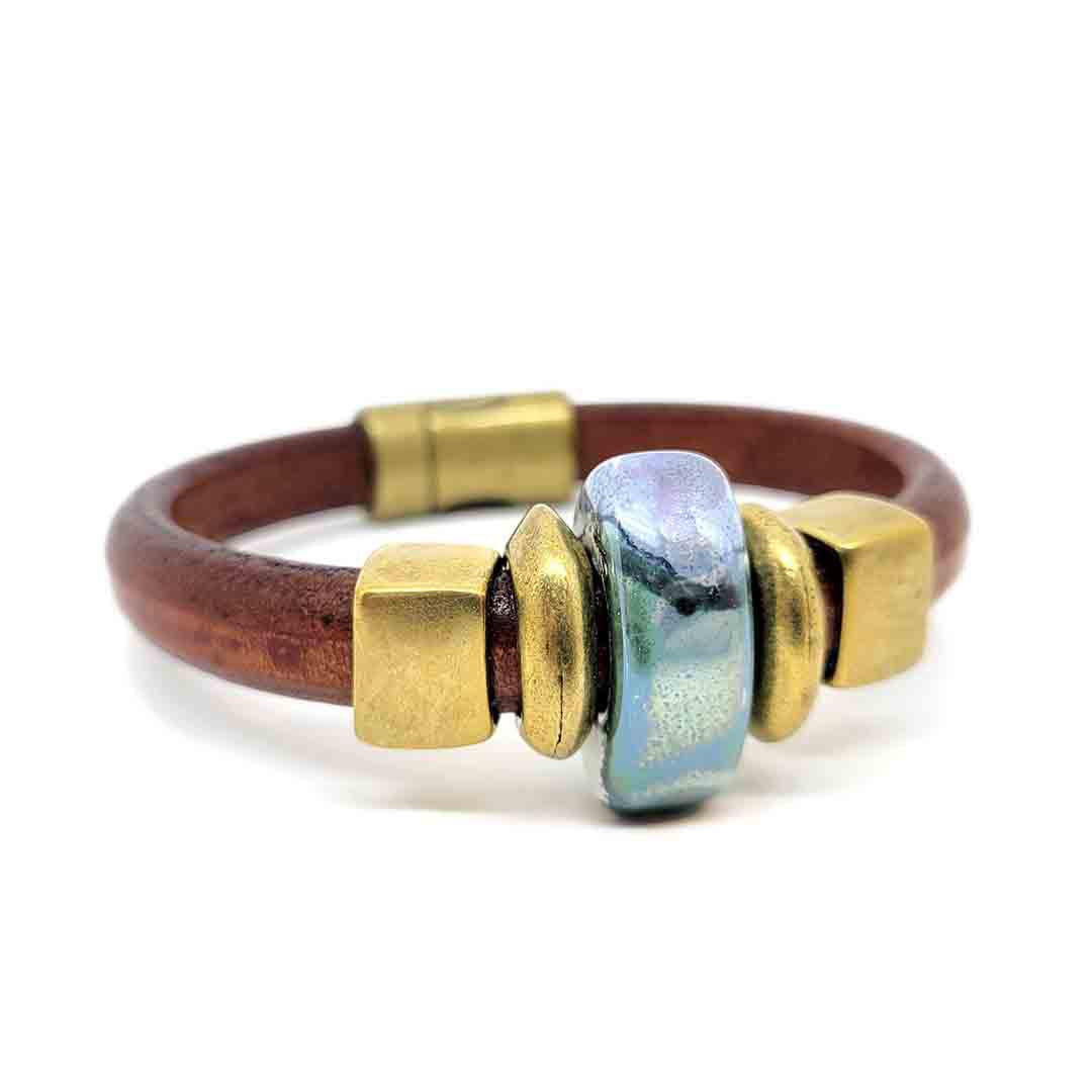Bracelet - Iguana (Tobacco Leather, Brass, Ceramic) by Diana Kauffman Designs