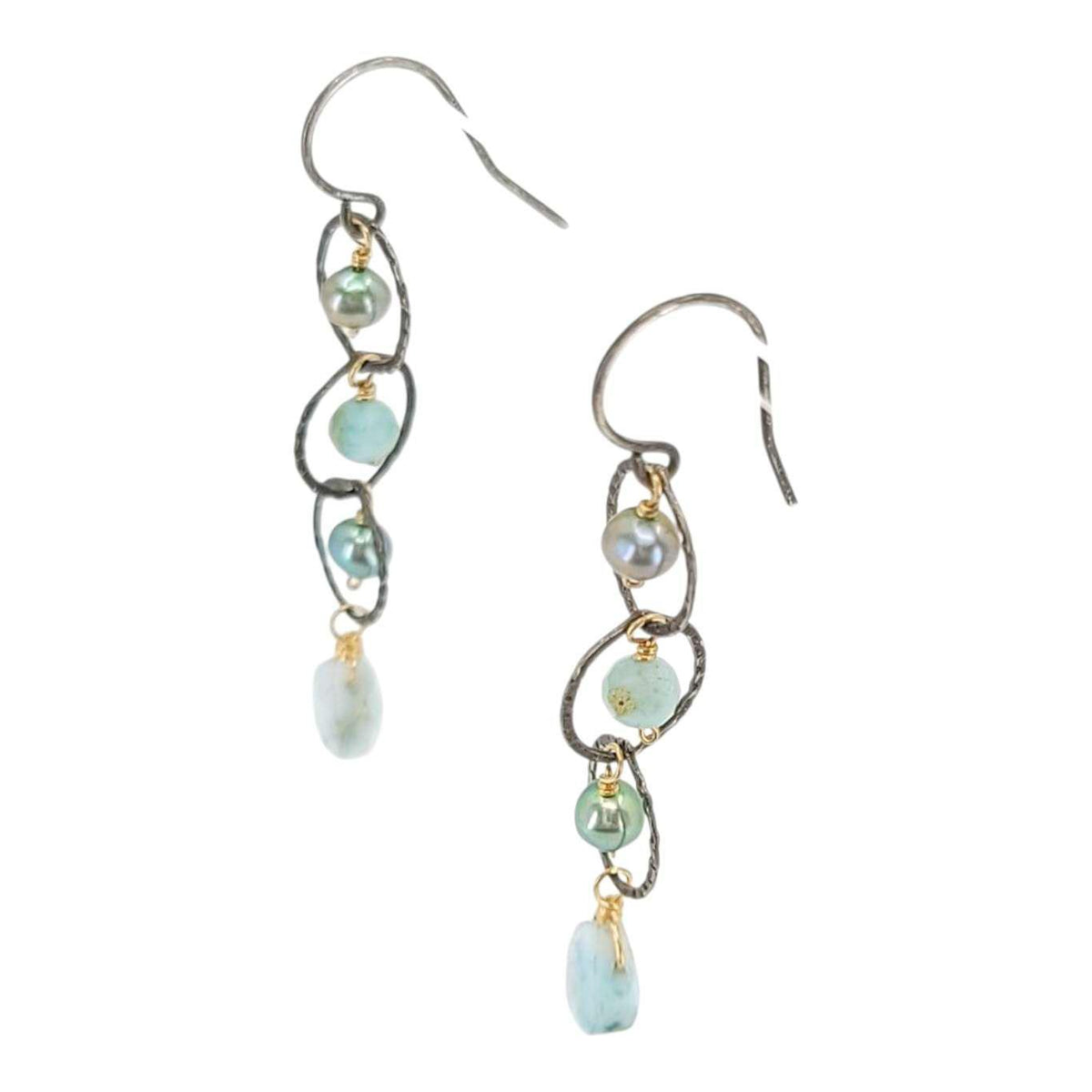 Earrings - Triple Circle Chain Dangles (Larimar, Pearl) by Calliope Jewelry