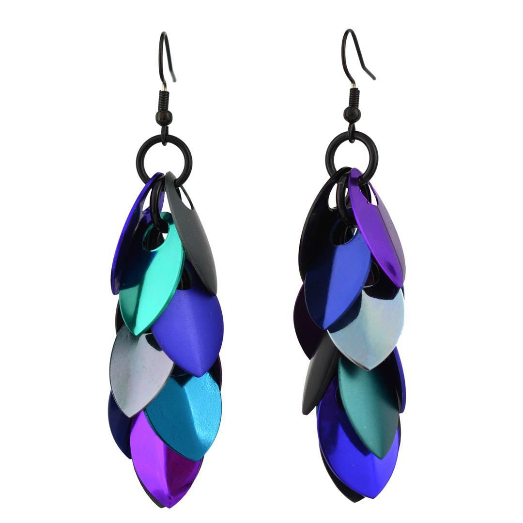 Earrings - Long Feather Cascade (Dark Mermaid Mismatched) by Rebeca Mojica