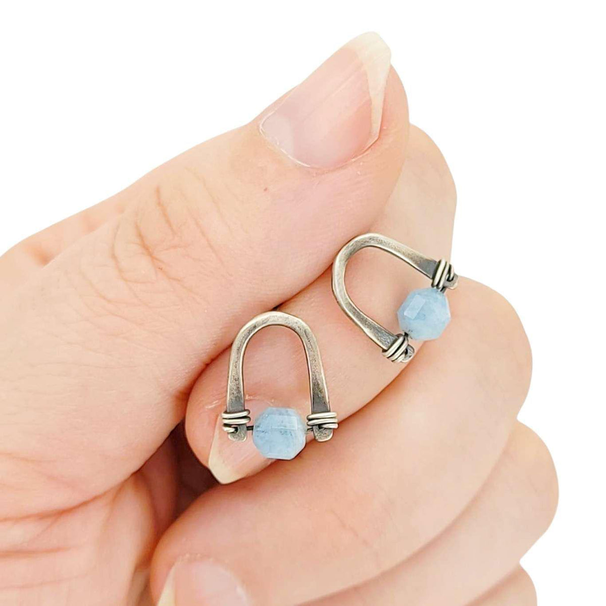 Earrings - Arc Studs (Aquamarine) by Three Flames Silverworks