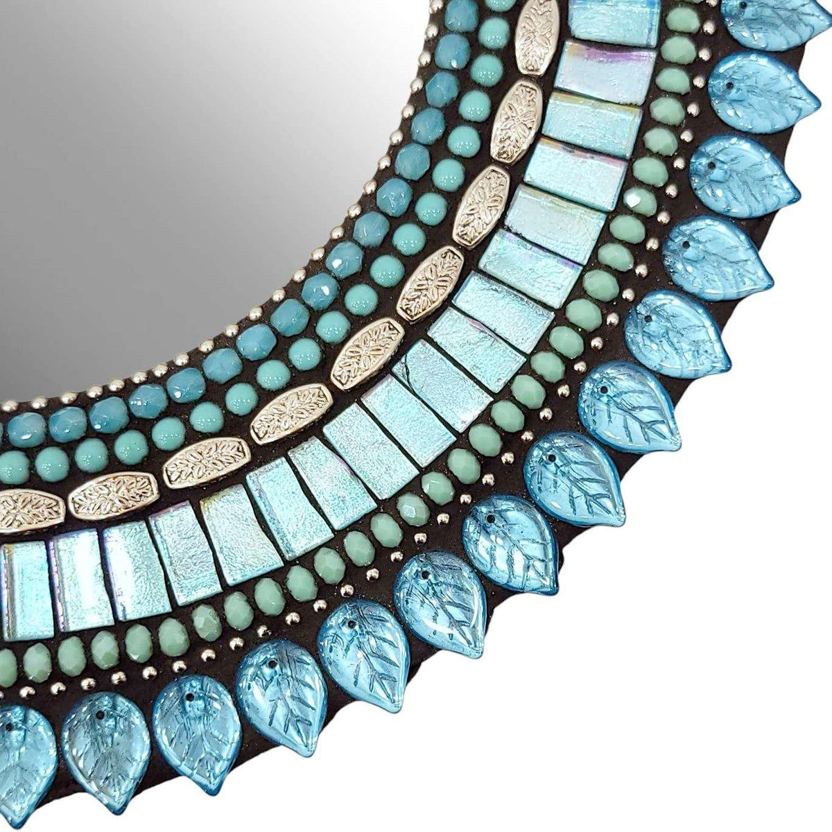 Mosaic Mirror - 10in Round (Aquamarine Leaf) by Zetamari Mosaic Artworks
