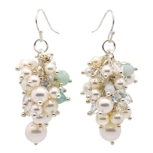 Earrings - Aquamarine and White Pearl and Crystal Clusters by Sugar Sidewalk