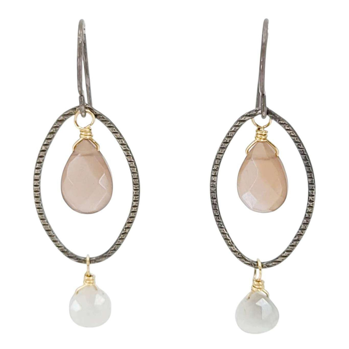 Earrings - Textured Oval with Gem Drops (Chocolate and Gray Moonstone) by Calliope Jewelry