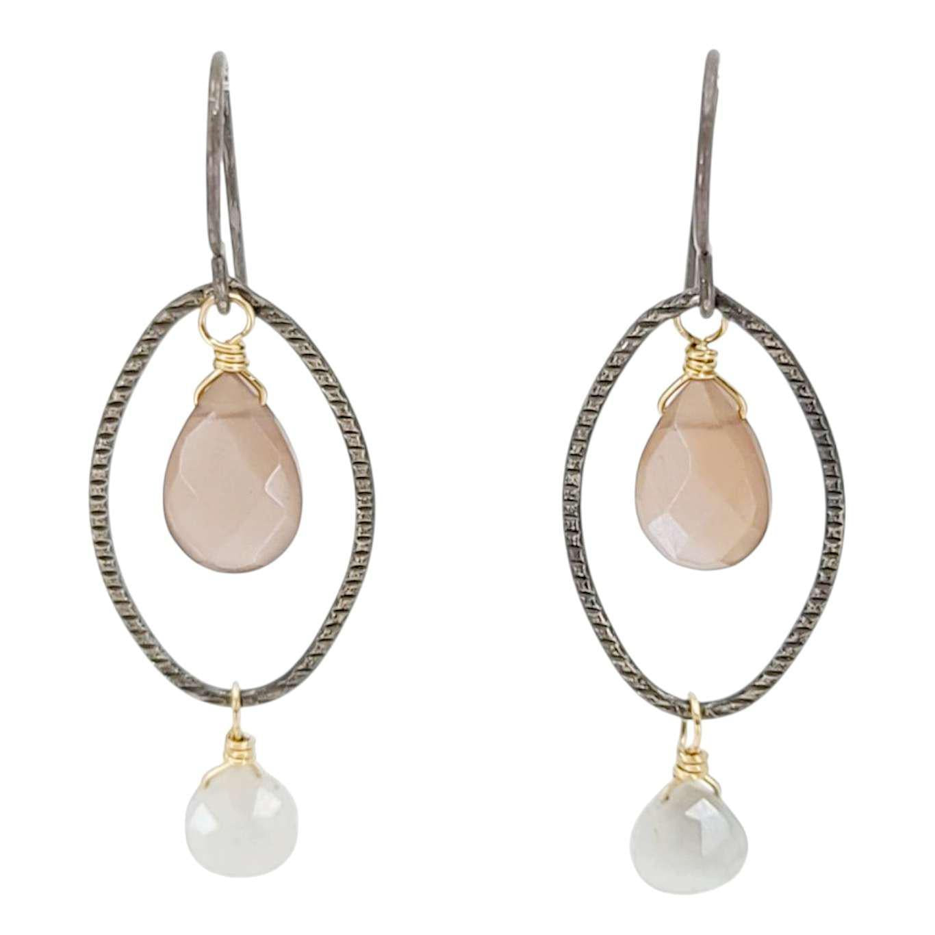 Earrings - Textured Oval with Gem Drops (Chocolate and Gray Moonstone) by Calliope Jewelry
