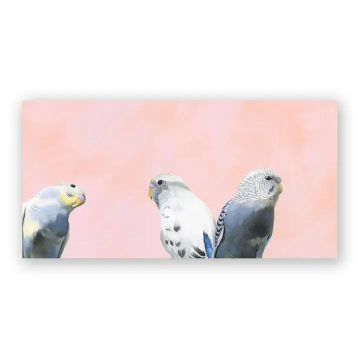 Wall Art - Budgie Trio on 12in x 6in Wood Panel by The Mincing Mockingbird