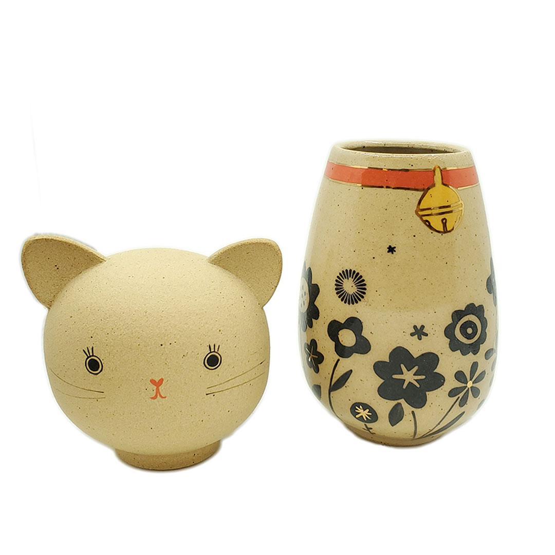 Kokeshi Jar - Medium - Bright Eyes Kitty Cat (Black Floral Red Collar with 22k Gold) by Jennifer Fujimoto