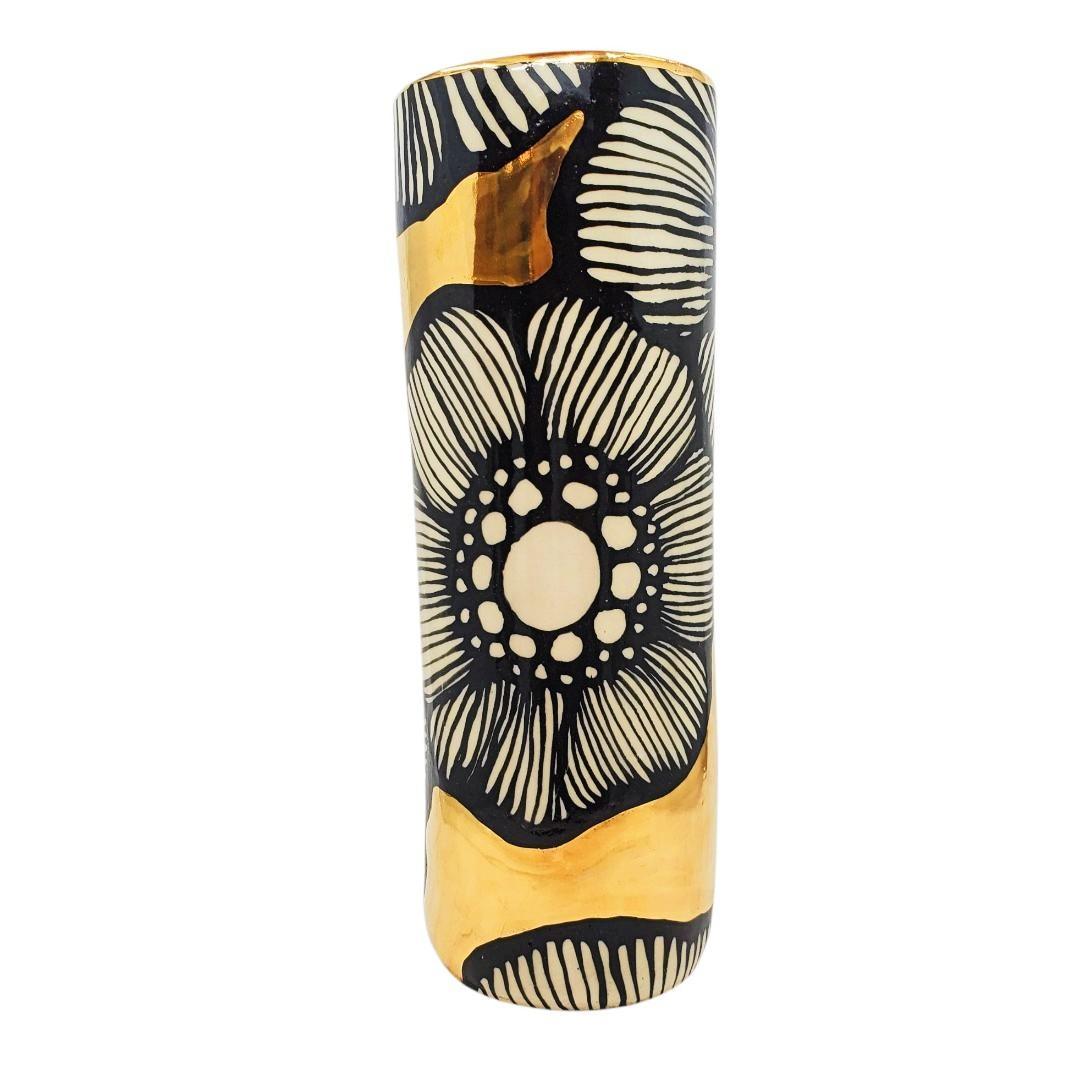 Vase - 10in Floral Cylinder with 22k Gold Accents by Hsieh Clay SF