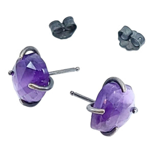 Earrings - Amethyst Celeste Studs in Oxidized Sterling Silver by Three Flames Silverworks