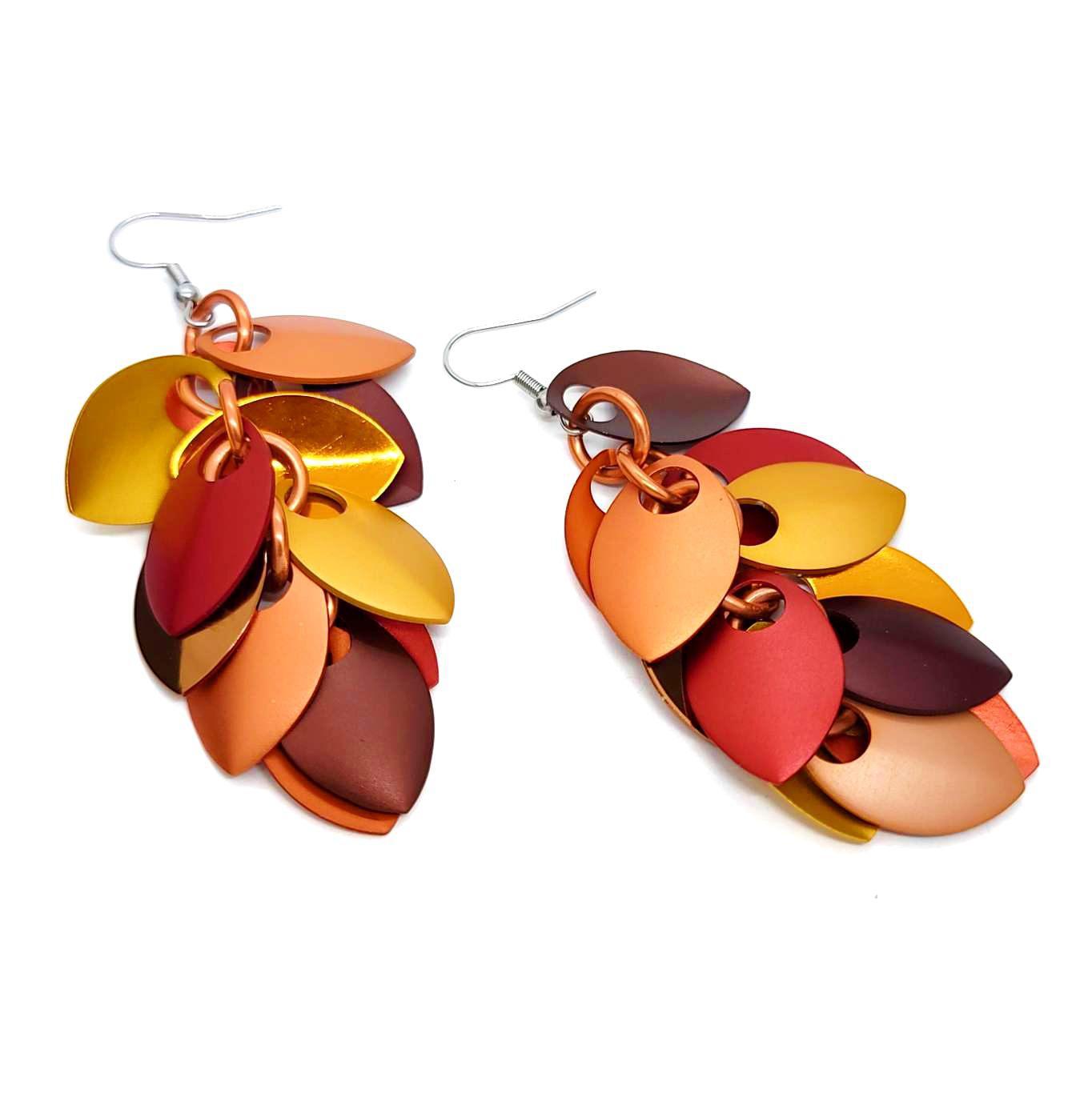 Earrings - Long Feather Cascade (Autumn Leaves) by Rebeca Mojica