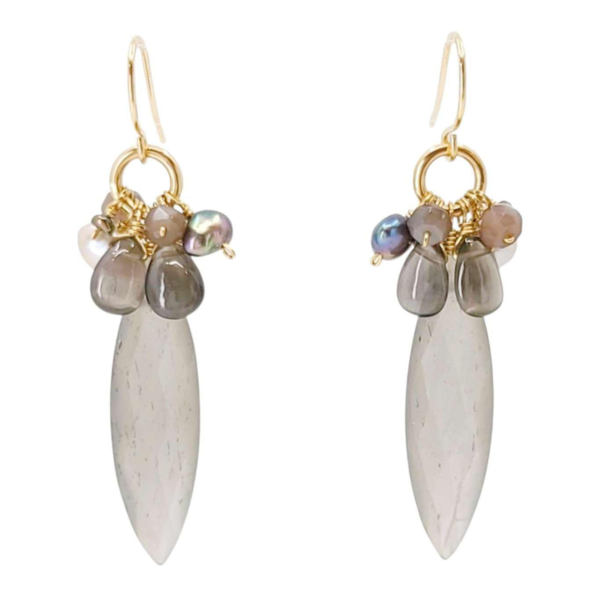 Earrings - Large Marquise Gem Clusters (Gray Moonstone, Chocolate Moonstone, Pearl) by Calliope Jewelry