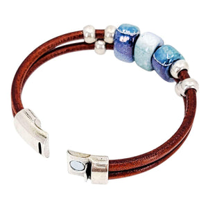 Bracelet - Hummingbird (Tobacco Leather, Silver, Ceramic) by Diana Kauffman Designs