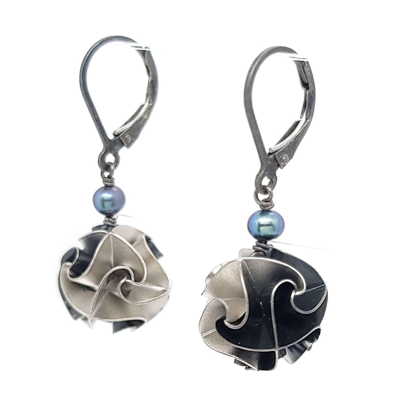 Earrings - Small Pearl Flora Drops in Bright and Oxidized Sterling Silver by 314 Studio