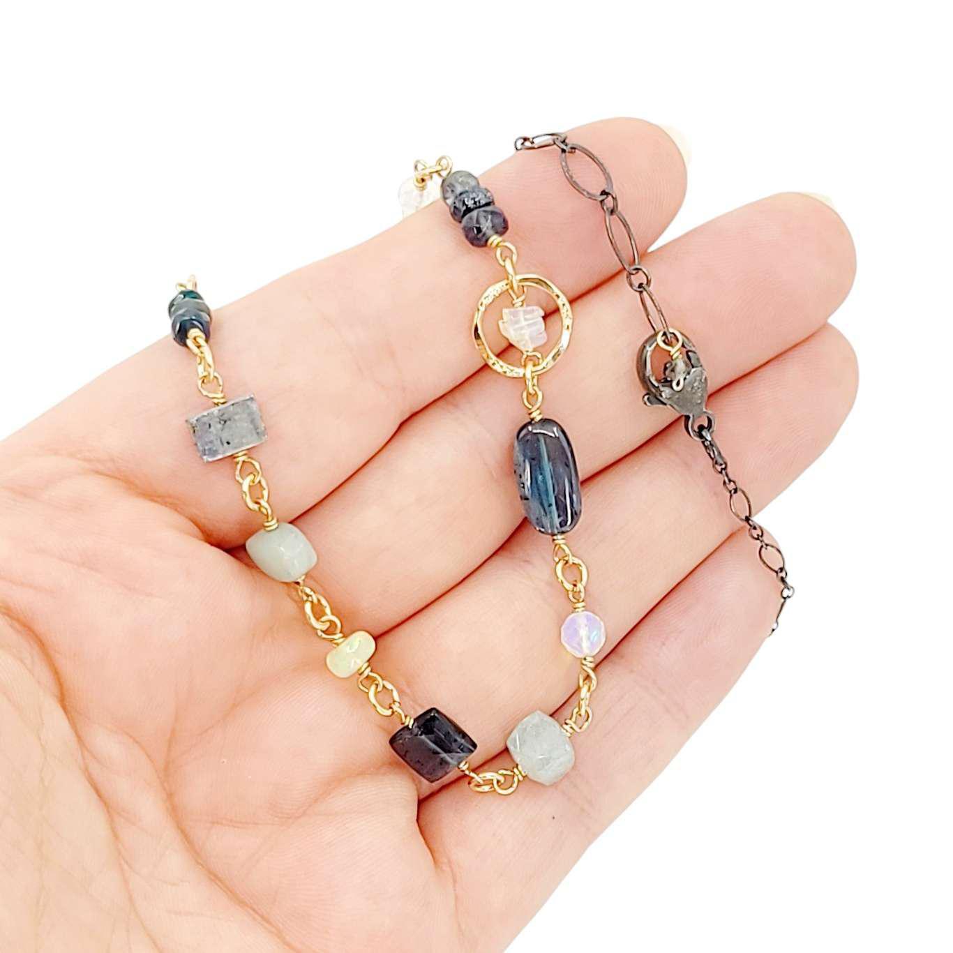 Necklace - Half Gold Decorated Chain (Moss Kyanite, Aquamarine, Opal) by Calliope Jewelry