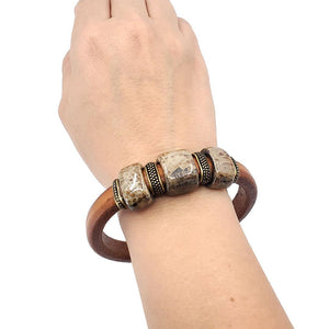 Bracelet - River Rock in Tobacco Leather with Brass and Ceramic by Diana Kauffman Designs