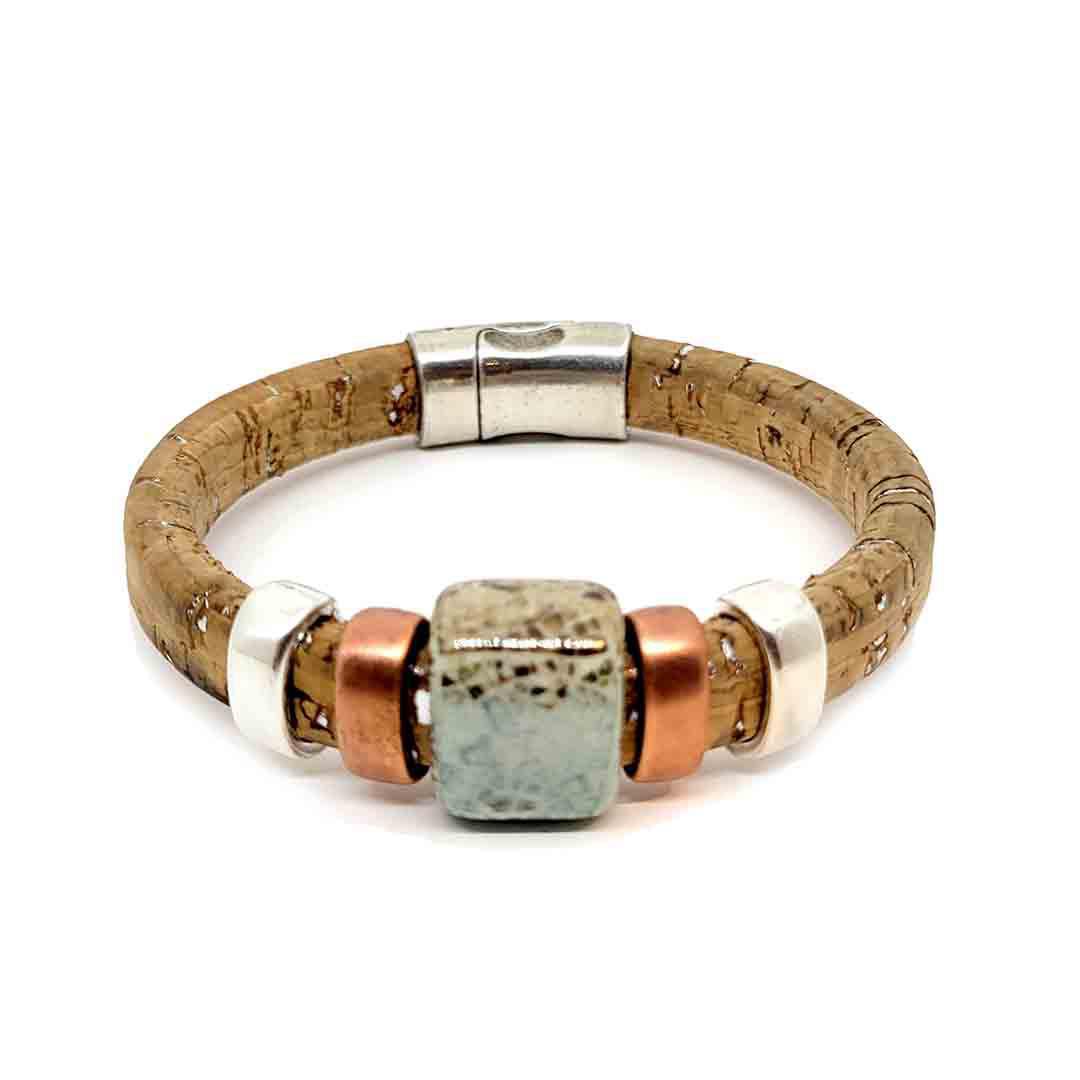 Bracelet - Surf and Sand in Cork over Silver Leather with Mixed Metals and Ceramic by Diana Kauffman Designs