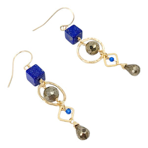 Earrings - Gold and Gemstone Mixed Shapes (Lapis Lazuli, Pyrite) by Calliope Jewelry