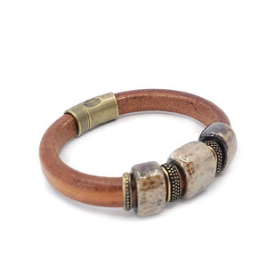 Bracelet - River Rock in Tobacco Leather with Brass and Ceramic by Diana Kauffman Designs