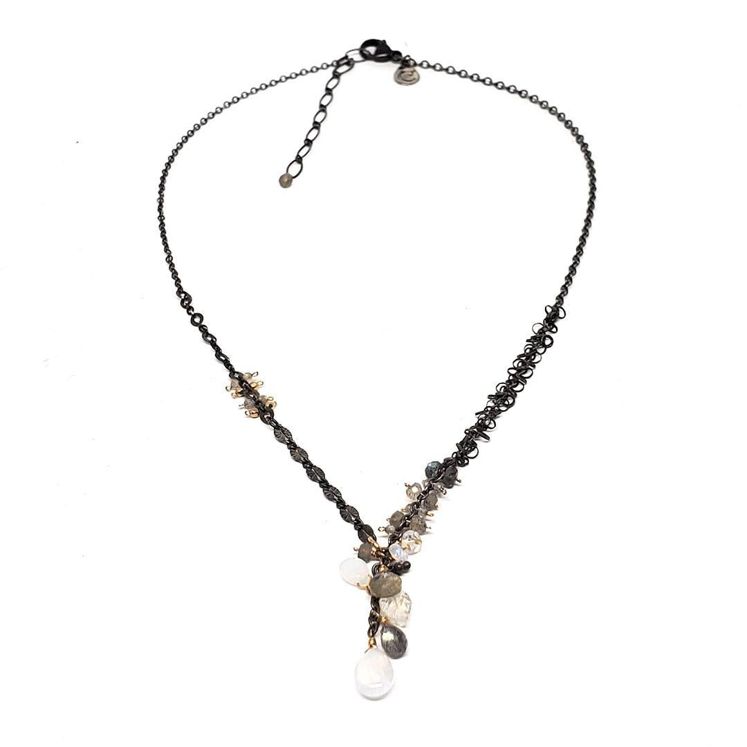 Necklace - Short Asymmetric Moonstone and Labradorite Cluster by Calliope Jewelry